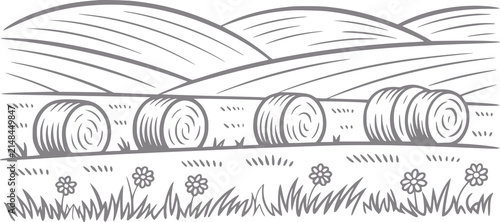Stylized of hay bales in a field with rolling hills and flowers