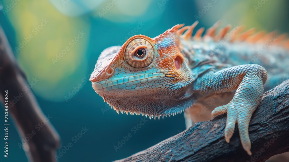 Fototapeta premium Close-up of a Bearded Dragon Lizard on a Branch with Soft Bokeh Background.