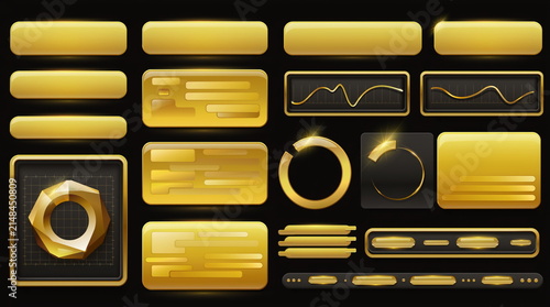 Golden modern tech UI and dashboard set on black background サイバー感のある黄金のダッシュボードUI素材