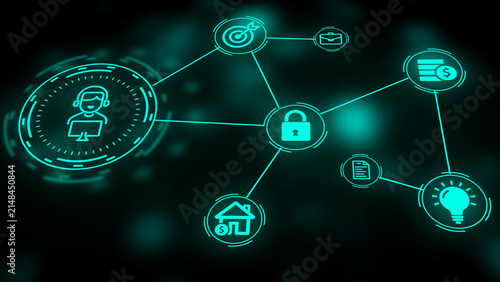 Obraz na plátně Cyan glowing digital network of interconnected representing people business goal