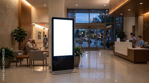 Blank digital signage kiosk in a modern hospital lobby with reception desk and waiting area.