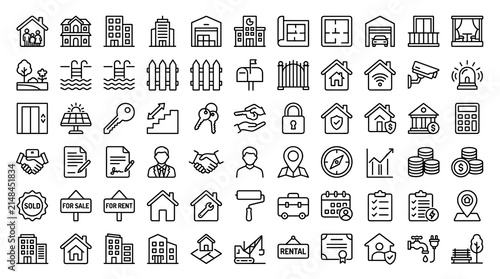 Canvastavla Modern Real Estate Thin Line Icon Collection Featuring Homes, Buildings, Mortgag
