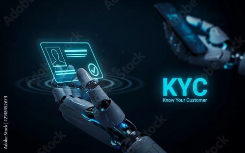 Robot hand displaying digital kyc identity verification interface