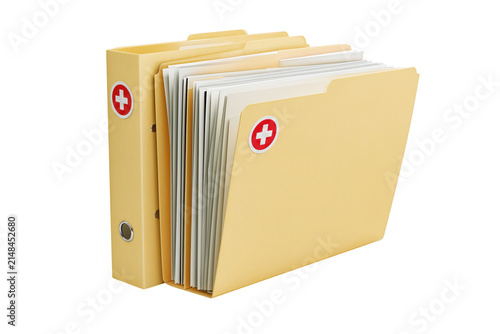 Organized beige manila file folders with medical cross labels stacked neatly in office setting
