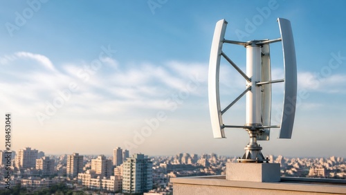 Modern Vertical Axis Wind Turbine Overlooks Urban Landscape with Blue Sky