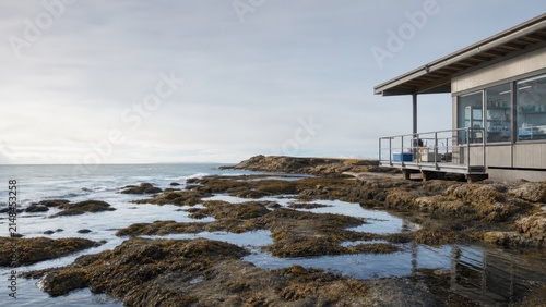 Modern Coastal House with Seaside View Surrounded by Rocks and Calm Water