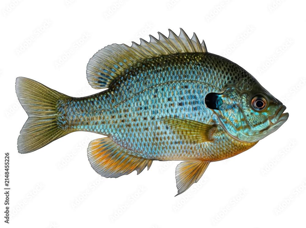 Fototapeta premium Bluegill sunfish freshwater fish detail with iridescent blue scales and yellow fins