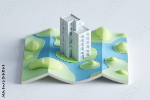 Model Building on Map: A miniature white building stands on a stylized map with blue water and green hills, representing a conceptual urban landscape or architectural design.