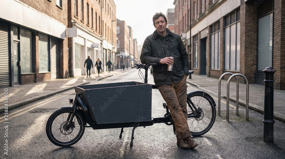Obraz premium Morning Cargo Bike Courier Break at a Quiet City Curb
