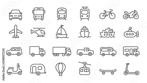 Collection of various transportation icons including cars, bikes, boats, and planes