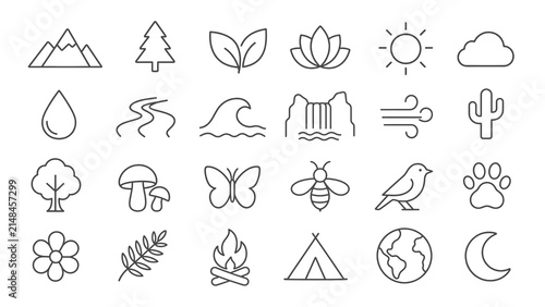 Collection of naturethemed line icons including mountains, trees, flowers, and various elements