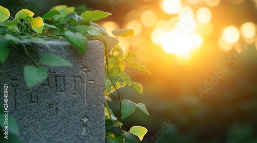Tombstone Covered in Greenery with Golden Sunset Light.
