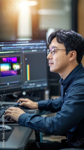 Professional video editor working on multiple screens in post-production studio, focusing on timeline editing software with colorful waveforms visible in dark environment.