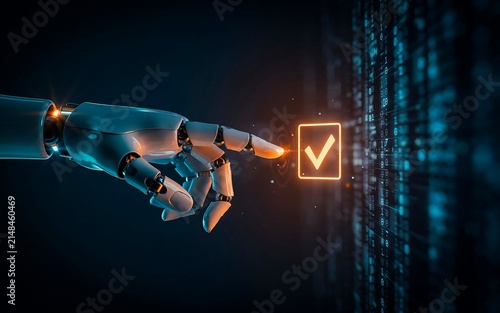 Robot hand selecting digital verification checkbox on futuristic interface