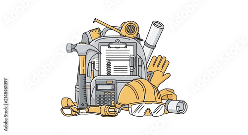Construction Engineer Equipment Set with Hard Hat and Tools