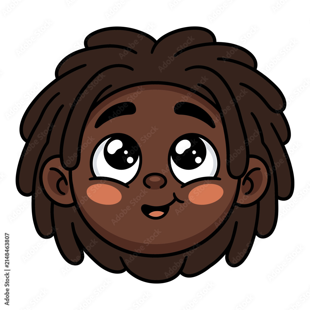 Obraz premium Cute cartoon illustration of a happy young boy with curly brown hair smiling cheerfully, isolated on a white background as a sticker