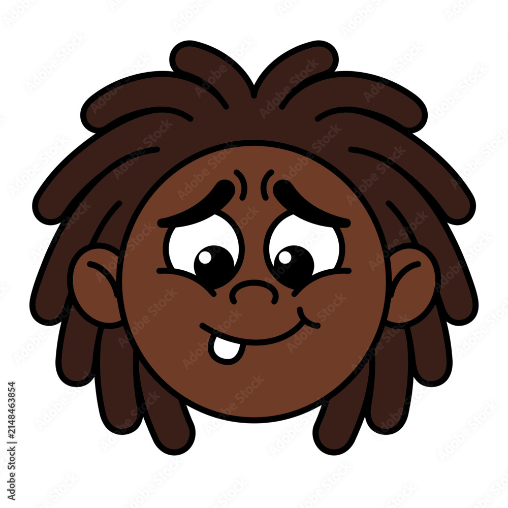 Obraz premium Funny cartoon illustration of an African American man with dreadlocks, cunning expression, and cheeky smirk face avatar vector graphic