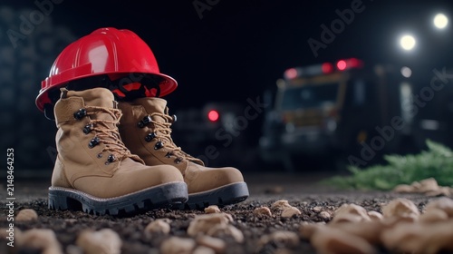 Construction safety gear including hard hat and work boots on gravel with blurred background.