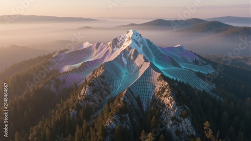A serene winter mountain landscape is transformed by a futuristic digital grid overlay, blending natural tranquility with artificial artistry.