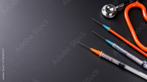 Medical equipment including a stethoscope and syringes on a dark background.