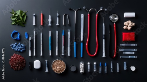 Medical Instruments and Supplies Arranged on a Dark Surface.