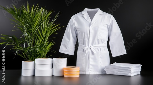 Medical Supplies and Lab Coat Arranged on Table.