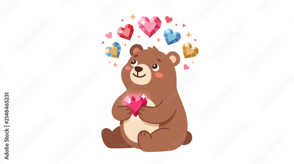 Fototapeta premium Cute Bear Holding Heart with Gemstones and Hearts Floating Around