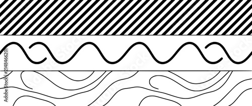 Abstract graphic design with black and white wavy lines and stripes