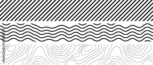 Black and white abstract line patterns: stripes, waves, contours