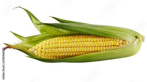 Canvas Print Fresh yellow corn cob with green husks, isolated on transparent background