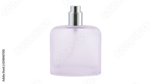 Foto Frosted pale purple glass perfume bottle with silver spray pump, isolated on tra