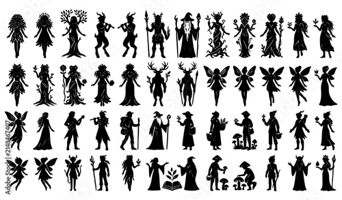 Bild auf Leinwand Original Fantasy Forest Spirit and Woodland Creature Silhouette Vector Collectio