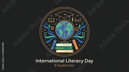 International literacy day circular emblem with globe books and graduation cap education concept