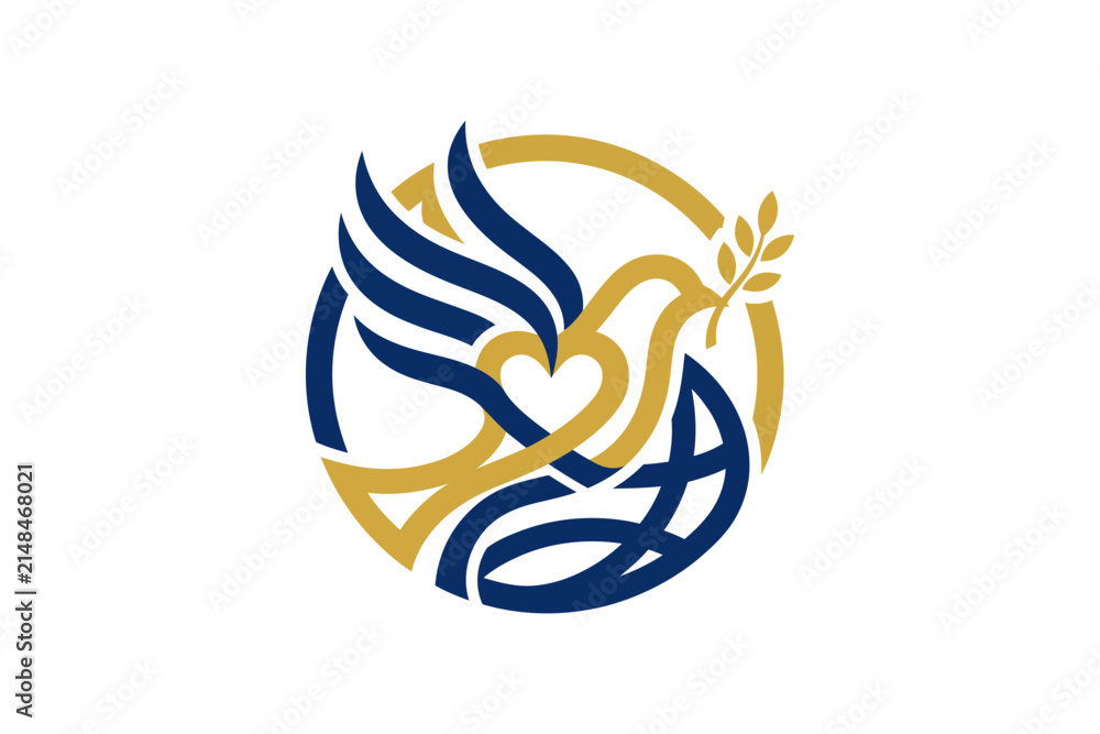 Obraz premium Stylized blue and gold dove bird with heart and olive branch in a circle symbol for peace.