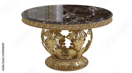 Принти на полотні Ornate round marble top table with gilded carved base, isolated on transparent b