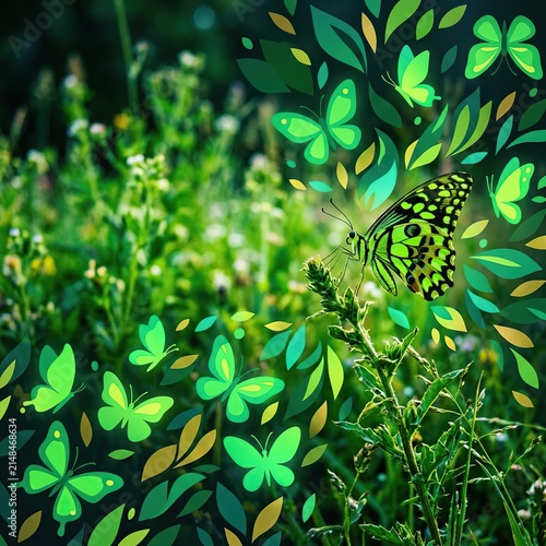 Vibrant Green Butterflies Illuminating a Lush Meadow with Leafy Motifs