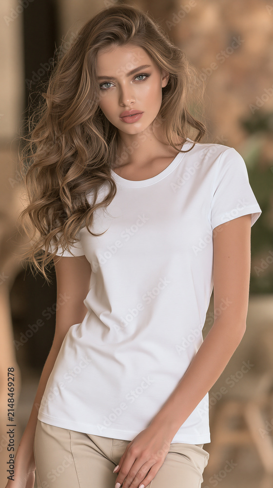 Fototapeta premium women's short-sleeved t-shirt in solid color, casual women's basic t-shirt with short sleeves, universal women's plain short-sleeved fashion shirt