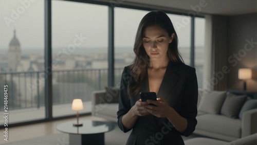 A woman in a modern high-rise apartment stands focused on her smartphone, surrounded by sleek furniture and a hazy urban skyline.
