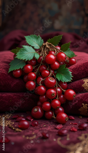 Red currants on burgundy velvet with vintage decor
