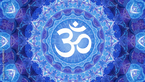 Om symbol in glowing blue mandala pattern for meditation and spirituality with spirituality meditation mystical geometry buddhism hinduism religion tranquility consciousness universe
