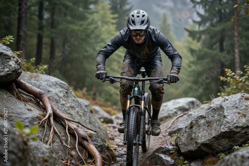 A mountain biker leans into the rain-soaked ride, navigating a rugged trail through the misty forest canopy.