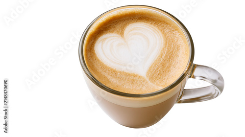 Konstfotografi Frothy latte coffee with heart art in clear glass mug, isolated on transparent b