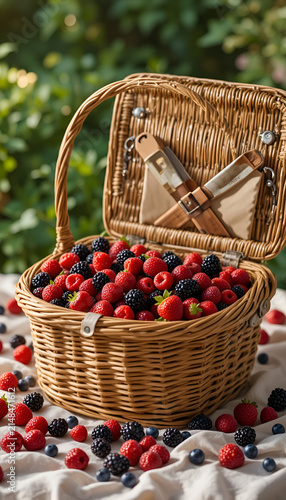 Fresh berries in a picnic basket, bright and colorful, set on a picnic blanket outdoors