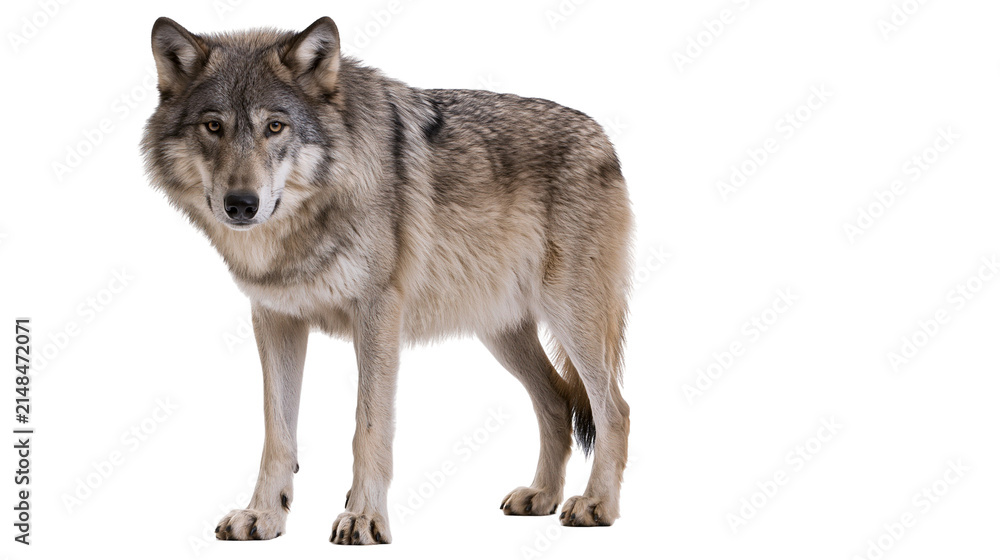 Fototapeta premium Gray wolf standing alert, isolated on transparent background