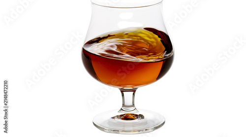 Amber brandy swirling in a clear snifter glass, isolated on transparent background