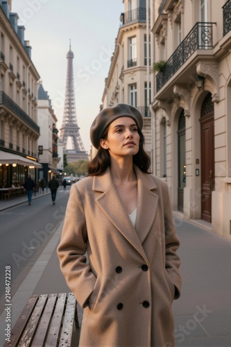 A woman in a beige double-breasted wool coat and gray beret stands against the backdrop of Haussmann-style buildings and the Eiffel Tower, exuding serene urban elegance.