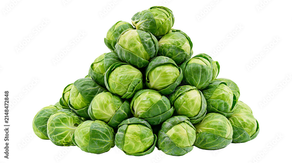 Fototapeta premium Pile of fresh green Brussels sprouts, isolated on transparent background