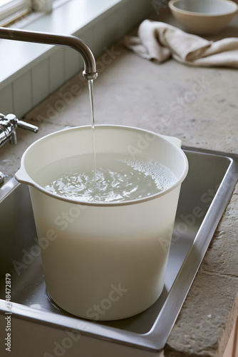 Bucket in a kitchen sink catching water while the tap runs cold