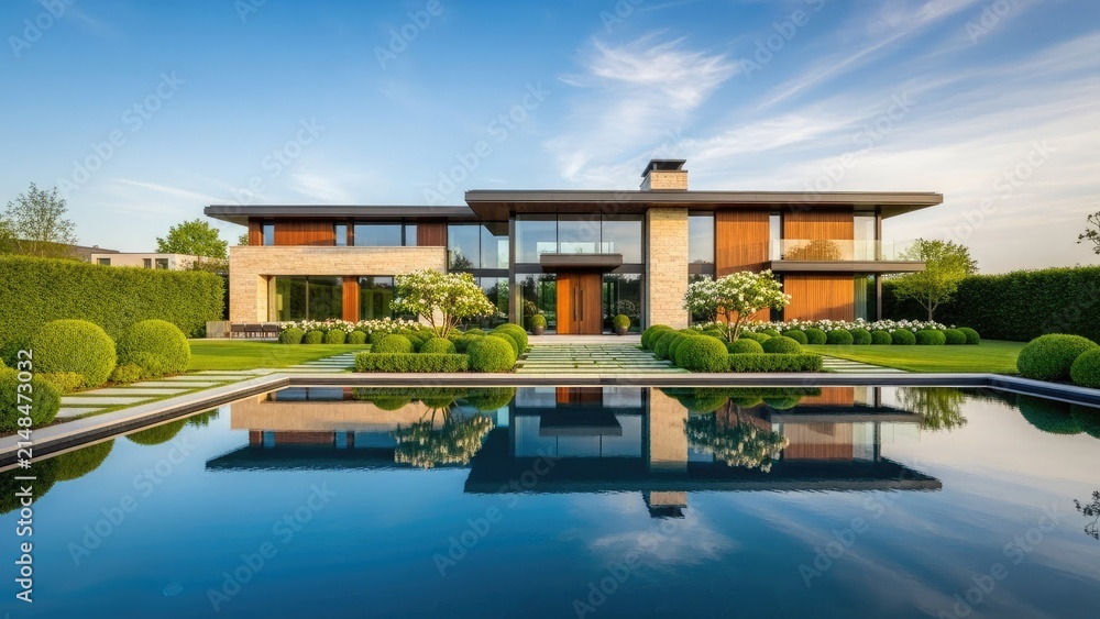 Fototapeta premium Luxury modern mansion with large swimming pool at sunset.