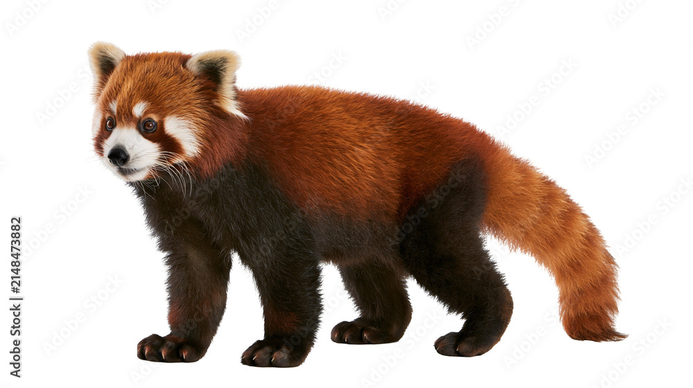 Fototapeta premium Fluffy red panda with bushy tail, isolated on transparent background